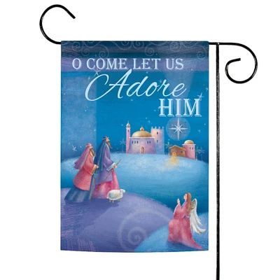 Toland Home Garden Blue and Pink "O COME LET US Adore HIM" Christmas Outdoor Rectangular Mini Garden Flag 18" x 12.5"