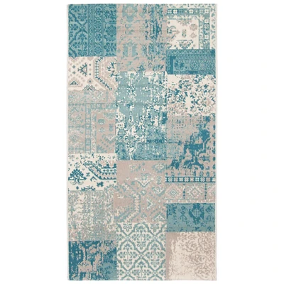 Chaudhary Living 2.5' x 5' Green and Cream Distressed Patchwork Rectangular Area Throw Rug