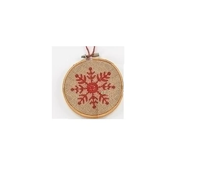 Roman 4.5" Tan and Red Embroidered Snowflake in Hoop Loom Christmas Ornament
