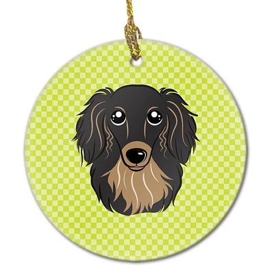 Checkerboard Lime Green Longhair Black and Tan Dachshund Ceramic Ornament BB1275CO1