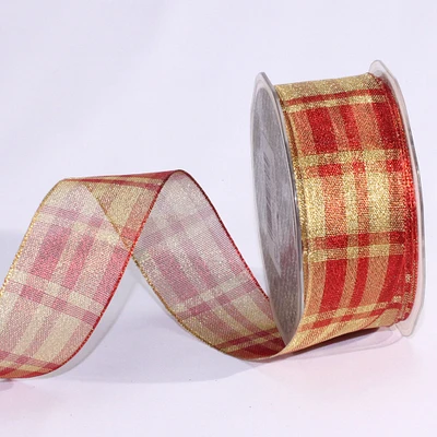 The Ribbon People Red and Gold Metallic Tartan Wired Craft Ribbon 1.5" x 50 yards