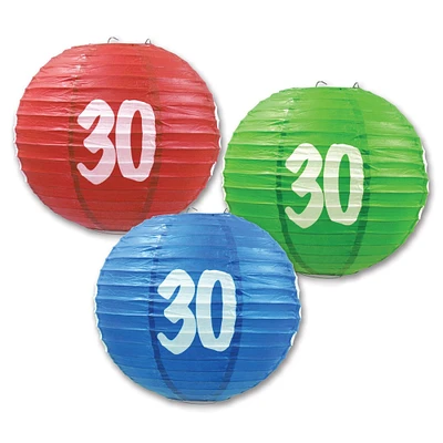 Beistle Pack of 6 Red, Blue, and Green Birthday "30"  Festive Hanging Paper Lanterns 9.5"