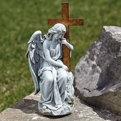 Roman 13" Angel with Cross Religious Outdoor Garden Statue