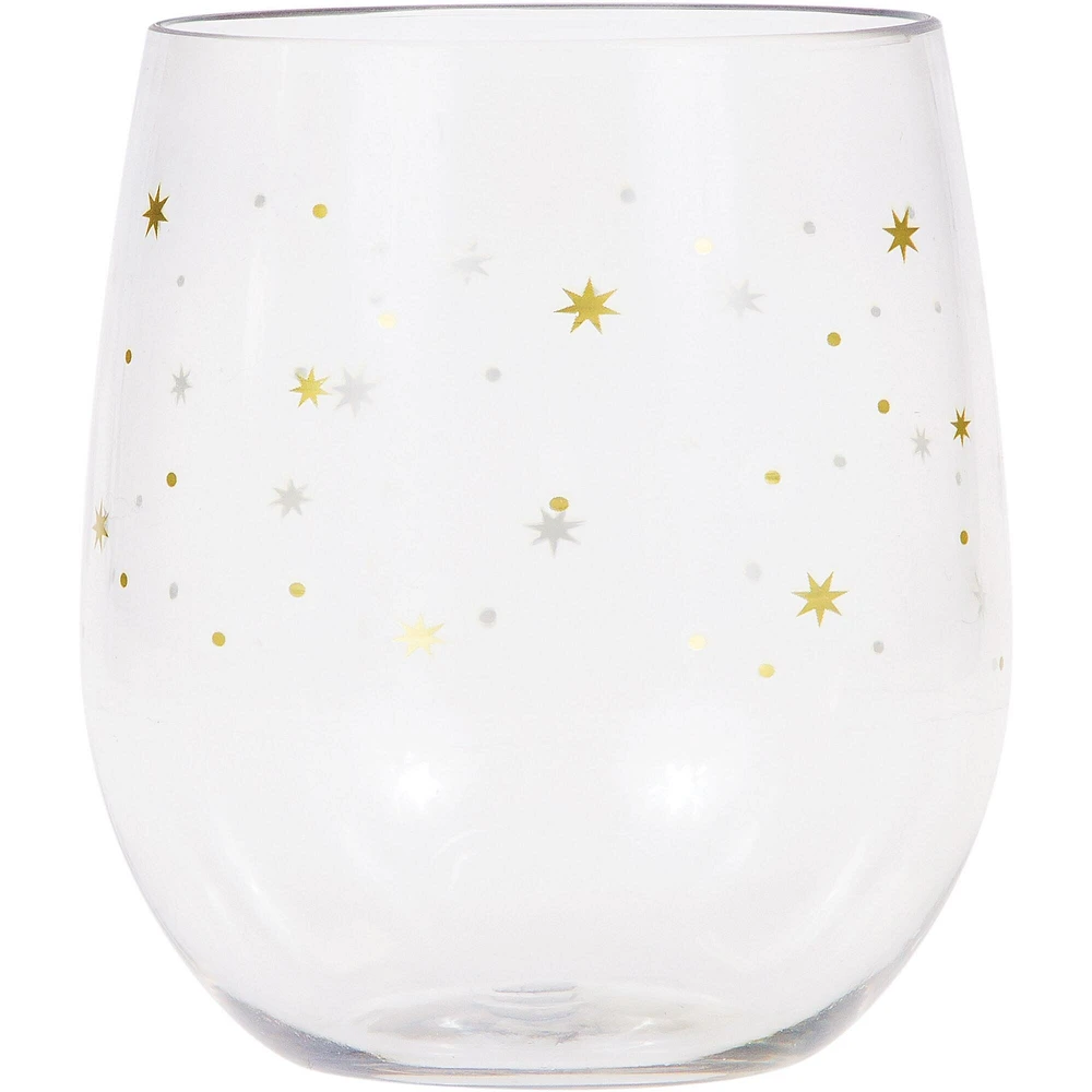 Party Central Pack of 6 Gold and Clear Iridescent Stars Stemless Wine Glasses 14 oz.