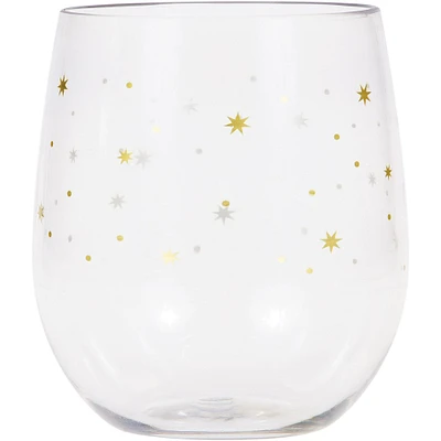 Party Central Pack of 6 Gold and Clear Iridescent Stars Stemless Wine Glasses 14 oz.