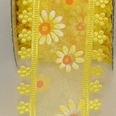 The Ribbon People Yellow and White Midi Daisy Sheer Wired Craft Ribbon 1.5" x 80 Yards