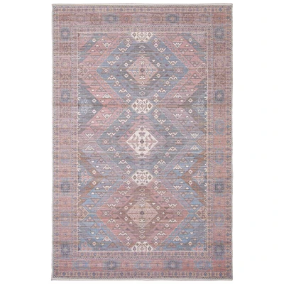 Chaudhary Living 7.5' x 10' Blue and Orange Bordered Geometric Rectangular Area Throw Rug