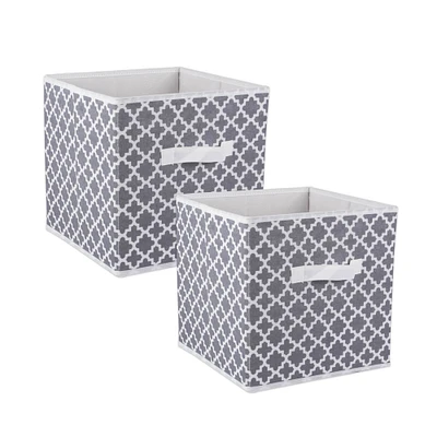 Contemporary Home Living Set of 2 Gray and White Nonwoven Polyester Cube Storage Bin with Lattice Design 13"