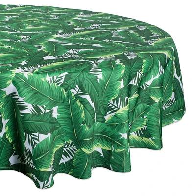 CC Home Furnishings Green and White Banana Leaf Rounded Tablecloth 60”