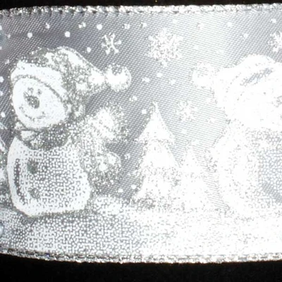 The Ribbon People Gray and Silver Glittered Snow People Wired Christmas Craft Ribbon 2.5" x 40 Yards