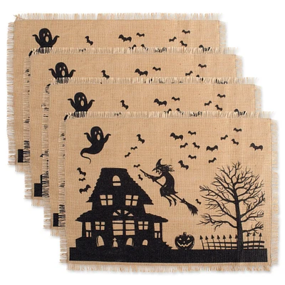 CC Home Furnishings Set of 4 Brown and Black Haunted House Print Burlap Rectangular Placemats 19" x 13"