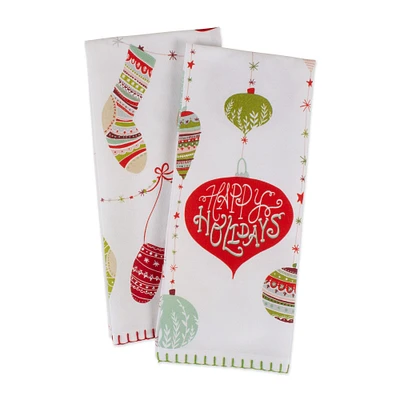 Contemporary Home Living Set of 2 Red and Green Happy Holidays Christmas Trimmings Dishtowels 28"