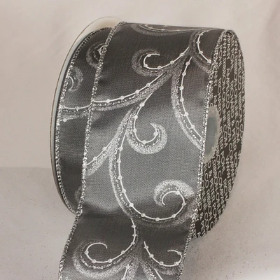 The Ribbon People Glitter Pewter Gray and Silver Swirly Whirl Wired Craft Ribbon 2.5 x 40 Yards