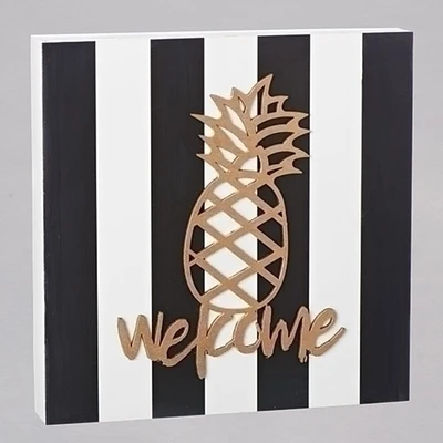 Roman 10.5" Black and White Striped Pineapple Welcome Laser Cut Square Wall Plaque