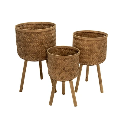 Kingston Living Set of 3 Brown Bamboo Weave Outdoor Planters on Stand 29.5"