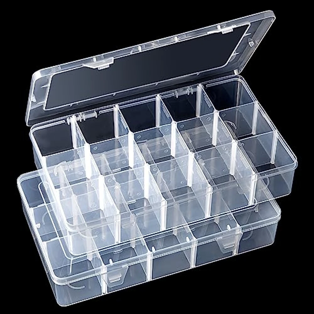 Gospire 2PCS 15 Large Grids Clear Plastic Jewelry Box Organizer Storage Container with Removable Dividers