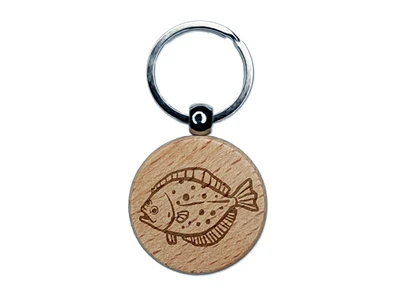 Flounder Halibut Flat Spotted Fish Engraved Wood Round Keychain Tag Charm