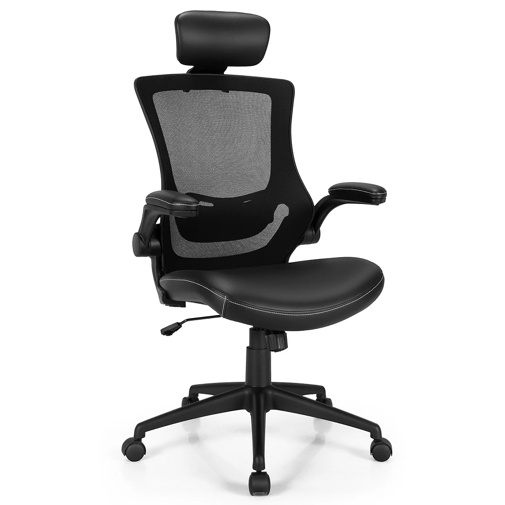 Costway Mesh Back Adjustable Swivel Office Chair w/ Flip up Arms Leather Seat