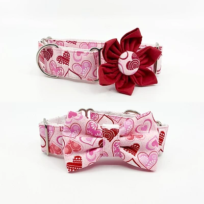 Valentines Martingale Dog Collar With Optional Flower Or Bow Tie Red Hearts On Sparkly Pink Slip On Collar Sizes Small, Medium, Large