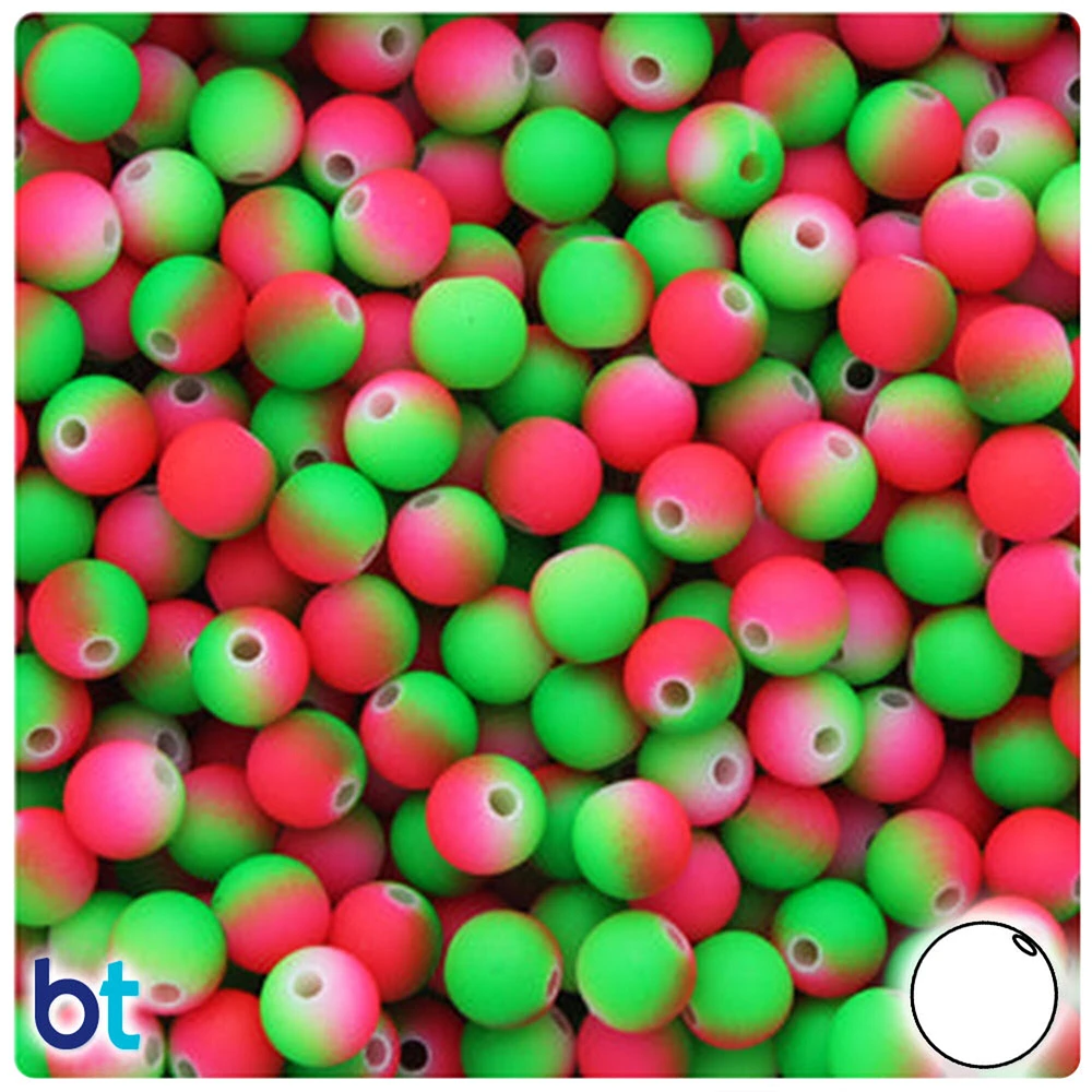 BeadTin Green & Red Neon Rubberized 8mm Round Plastic Craft Beads (175pcs)