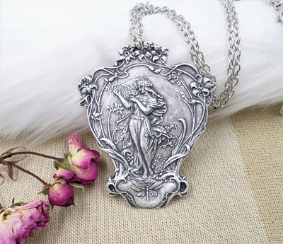 Silver Plated Goddess Necklace, Large Art Nouveau Lady Pendant, Romantic Alphonse Mucha Style Jewelry Gift, Angelcore Statement Necklace