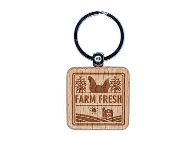 Farm Fresh with Barn and Chicken Engraved Wood Square Keychain Tag Charm