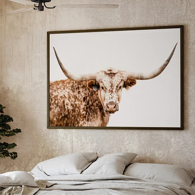 Longhorn wall art, Texas longhorn photo canvas, minimalist cow canvas print, large western art for over the couch