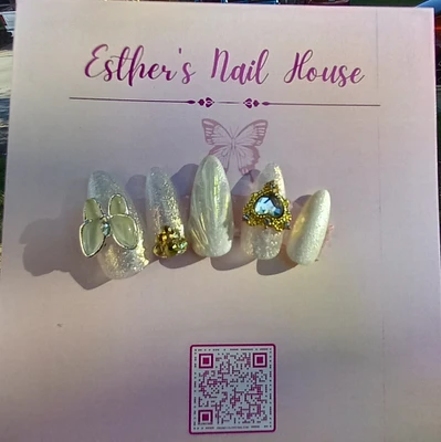 Gold Flake Sea Shell Press on Nails, Heart Gem, Butterfly Charms, White nails, Bridal Nails, Wedding nails, Short, Long, Ballerina, Almond