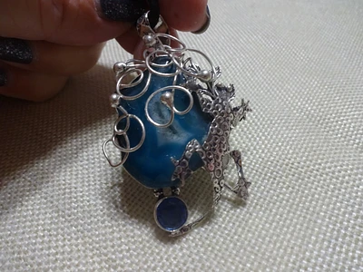 Artistic BLUE BOTSWANA AGATE and TOPAZ LIZARD Handmade Sterling Pendant Necklace 430B