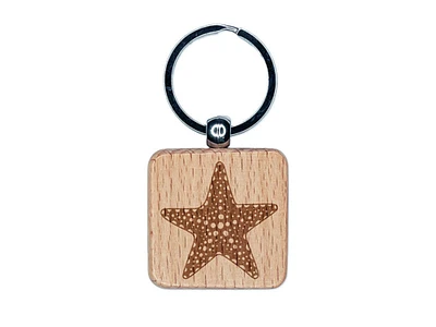 Detailed Starfish Ocean Beach Engraved Wood Square Keychain Tag Charm