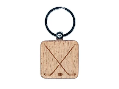 Crossed Hockey Sticks with Puck Engraved Wood Square Keychain Tag Charm
