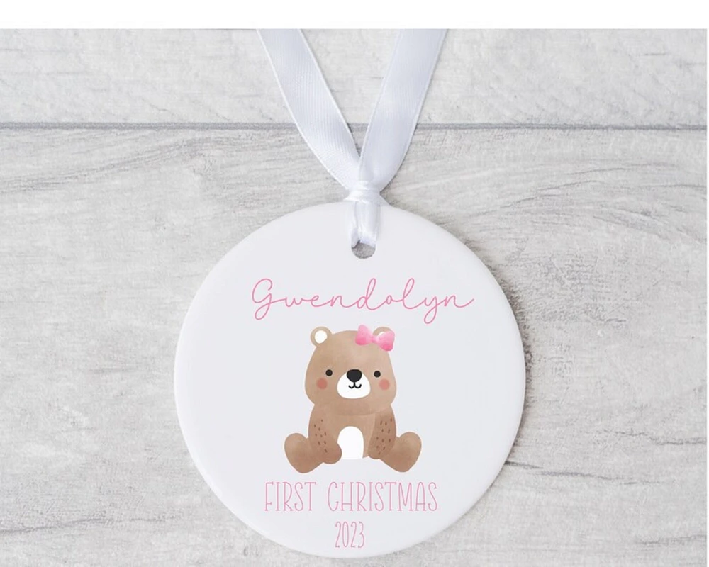 Pink Teddy Bear Baby Ornament, Baby's First Christmas Ornament, New Mom Ornament, Baby Girl First Christmas Ornament, Gift for New Parents