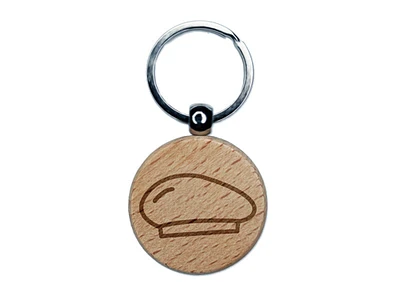 Beret Hat Doodle Engraved Wood Round Keychain Tag Charm