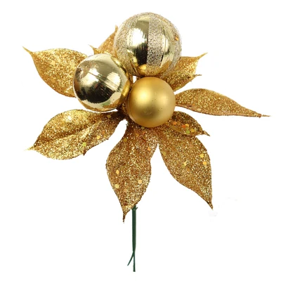 24-Pack Golden Glitter Poinsettia Picks with 3 Ornament Balls | Festive Holiday Decor | Trees, Wreaths, & Garlands | Christmas Picks | Home & Office Decor