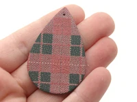 2 50mm Brown Red and Green Christmas Plaid Teardrop Leather Pendants