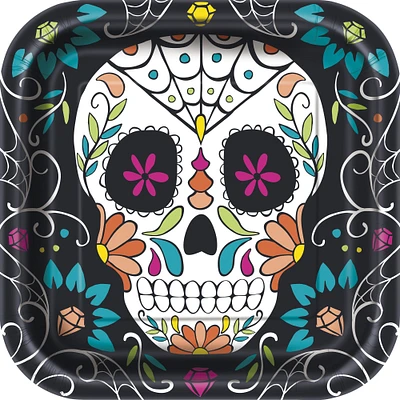 Skull Day of the Dead Square 9" Dinner Plates - 8ct