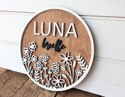 Flower Nursery Name Sign, Round Wood Baby Name Announcement, Wildflower Wall Decor