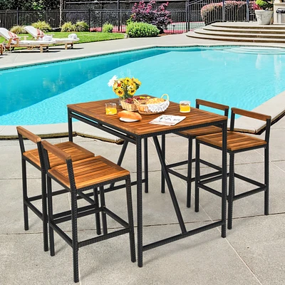 Gymax 5PCS Patio Bar Table Set PE Rattan High-Dining Bistro Set w/ Acacia Wood Top