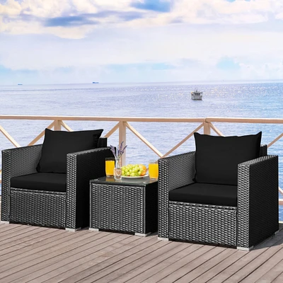 Gymax 3PCS Rattan Patio Conversation Furniture Set Outdoor w/ Black Cushions