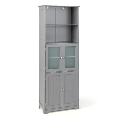 Gymax Bathroom Tall Storage Cabinet Linen Tower w/ Glass Door and Adjustable Shelf