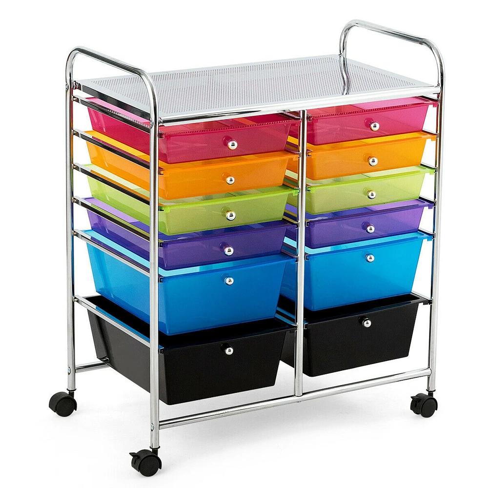 Gymax Office Rolling Cart 12 Storage Drawer Studio Organizer Bins Scrapbook Paper Black/Colorful