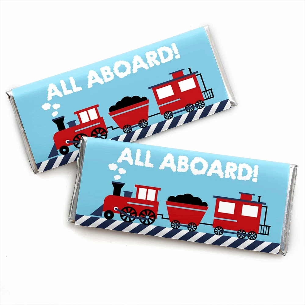 Big Dot of Happiness Railroad Party Crossing - Candy Bar Wrapper Steam Train Birthday Party or Baby Shower Favors - Set of 24