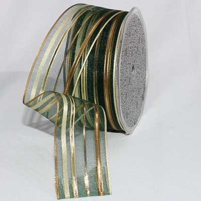 The Ribbon People Sheer Green and Gold Striped French Wired Craft Ribbon 1.5" x 33 Yards
