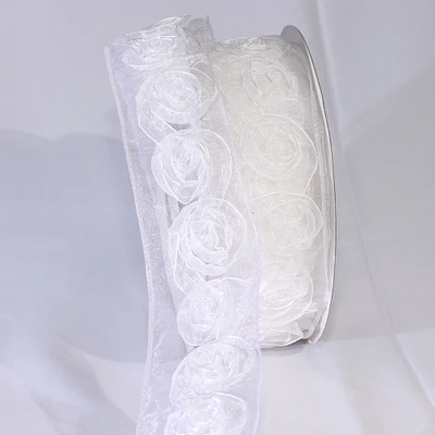 The Ribbon People White 3D Roses Wired Craft Ribbon 2" x 22 Yards