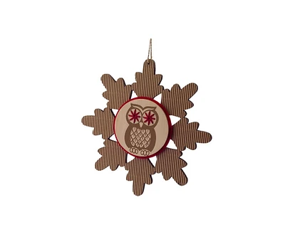 Melrose 7" Brown and Red Embroidered Craft Snowflake with Owl Stamp Christmas Ornament