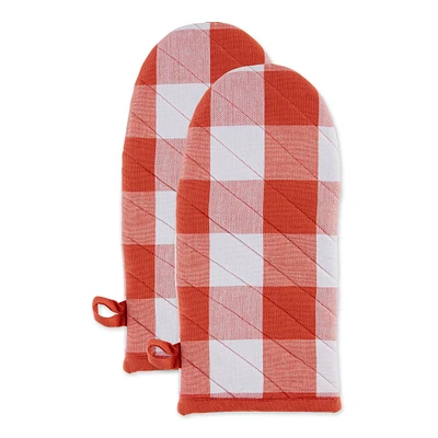 Contemporary Home Living Set of 2 13" x 6" Vintage Red and White Buffalo Check Oven Mitts