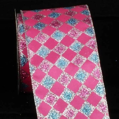 The Ribbon People Pink and Blue Glitter Harlequin Wired Craft Ribbon 4" x 20 Yards