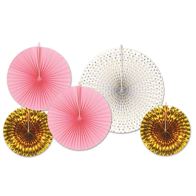 Beistle Club Pack of 12 Gold and Pink Paper Foil Fans Hanging Decors 16"