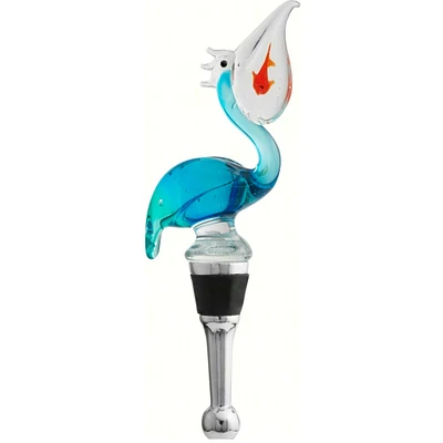 GC Home & Garden 4.75" Blue and Clear Pelican With Fish Design Hand Blown Bottle Stopper