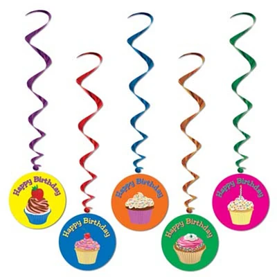 Party Central Club Pack of 30 Multi-Color 'Happy Birthday' Cupcake Spiral Whirls 40"